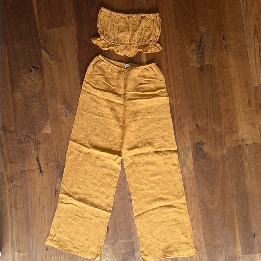 LESET / Burnt Orange Strapless Top + Linen Pants Matching Set / S